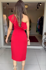 Classic Red One-shoulder Midi Dress