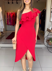 Classic Red One-shoulder Midi Dress