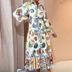 Lantern Sleeve Printed Long Lapel and Waist Tight Long Sleeve Dress