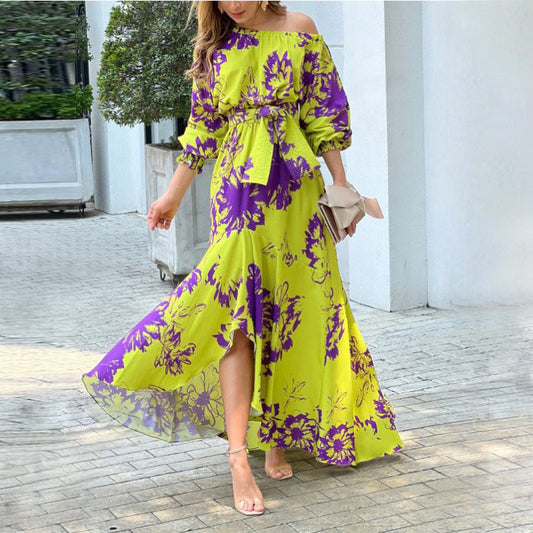 Floral-Print off-Shoulder Long Sleeve Large Swing Dress Long Dress