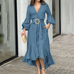 Full SleeveVCollar Lapel Solid Dress with Pockets