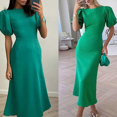 Puff Sleeve Solid Color Dress