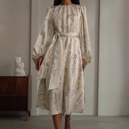 Puff Sleeve Printed Long Dress Loose Dress