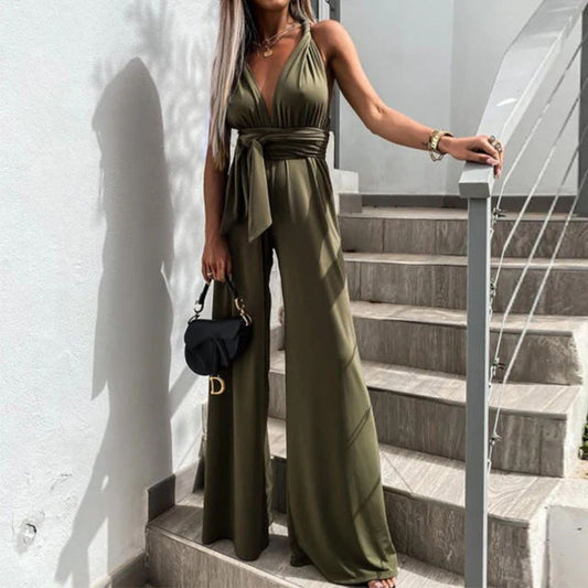 VWomen's Loose Wide-Leg Jumpsuit with Collar Straps