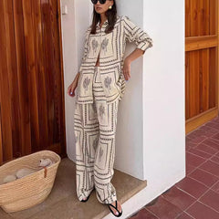 Printed Long Sleeve Shirt+Trousers Two-Piece Suit