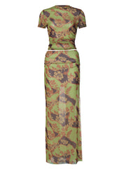 Flower Printed MeshTT-shirt Sheath Dress Suit