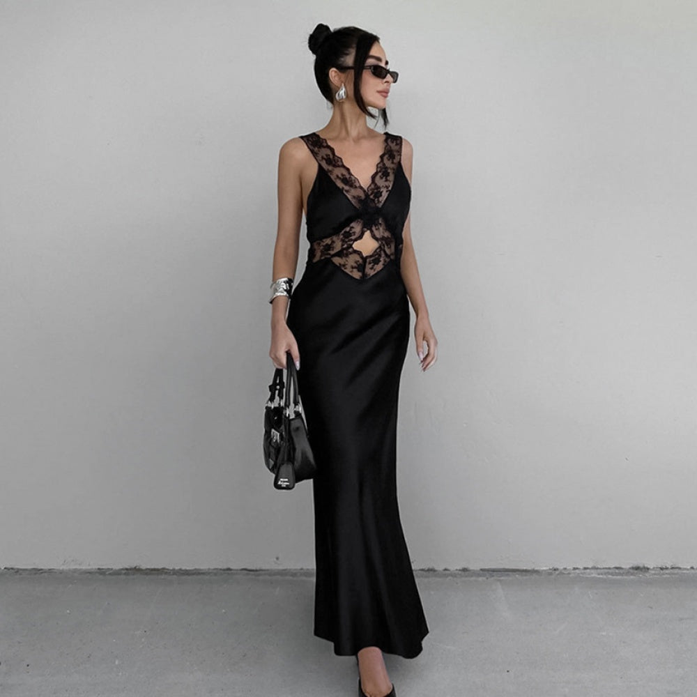 Black Lace Stitching Suspender Dress