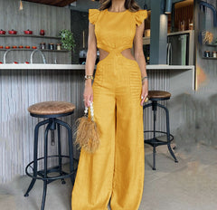 round Neck Ruffled Loose Trousers Jumpsuit