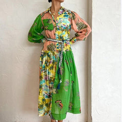 Lantern Sleeve Printed Long Lapel and Waist Tight Long Sleeve Dress