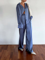 Blue Satin Long Sleeve Shirt High Waist Wide Leg Pants Two-Piece Set