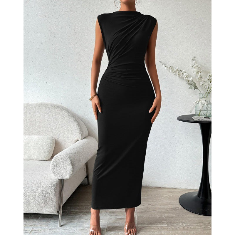 Padded Shoulder Pleated Waist-Slimming Sleeveless Long Black Dress