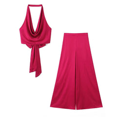 Hanging Collar Pleated Decorative Top Wide Leg Pants Texture Suit