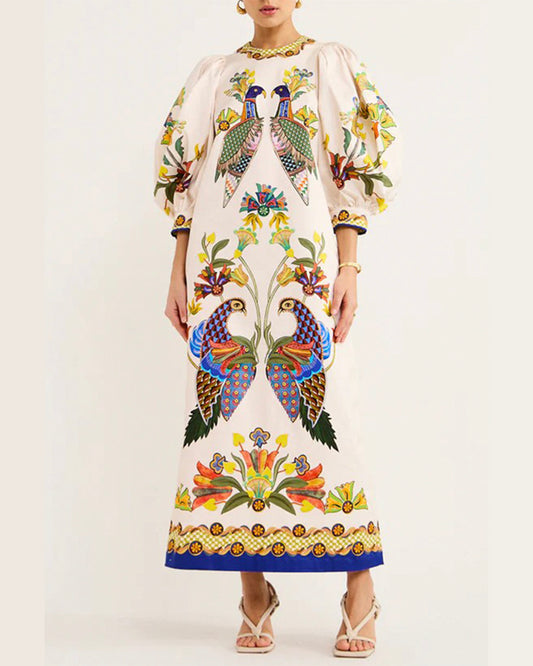 Printed Peacock 3/4 Sleeve round Neck Dress