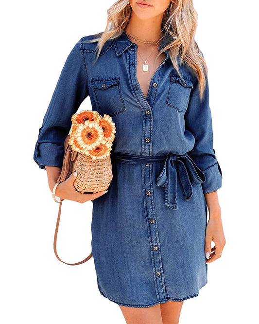 Lapel Long Sleeve Clinch Open Chest Waist-Controlled Lace-up Denim Jumpsuit