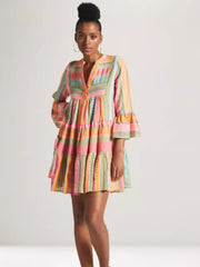 Printed Stitching Geometric Pattern Bell Sleeve Dress