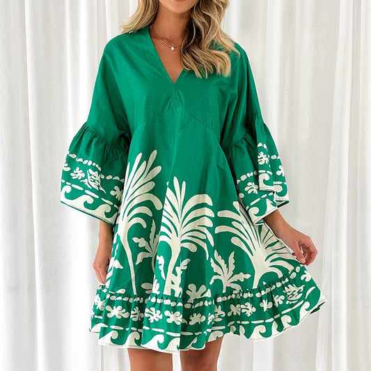 VCollar Printed Bell Sleeve Loose Short Dress