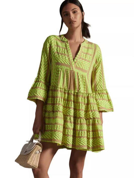 Printed Stitching Geometric Pattern Bell Sleeve Dress