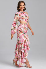 Floral Slanted Shoulder Long Sleeve Ruffle Irregular Maxi Dress