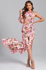 Floral Slanted Shoulder Long Sleeve Ruffle Irregular Maxi Dress