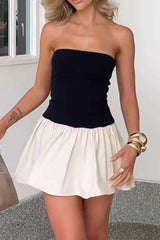 Contrast Strapless Pleated Mini Dress