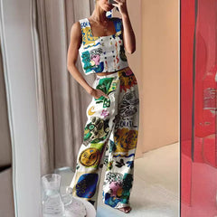 Printed Wide-Leg Pants+Vest Casual Fashion Two-Piece Set