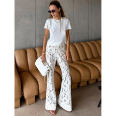 Sexy See-through Brocade Lace Jacquard High Waist Casual Flared Pants