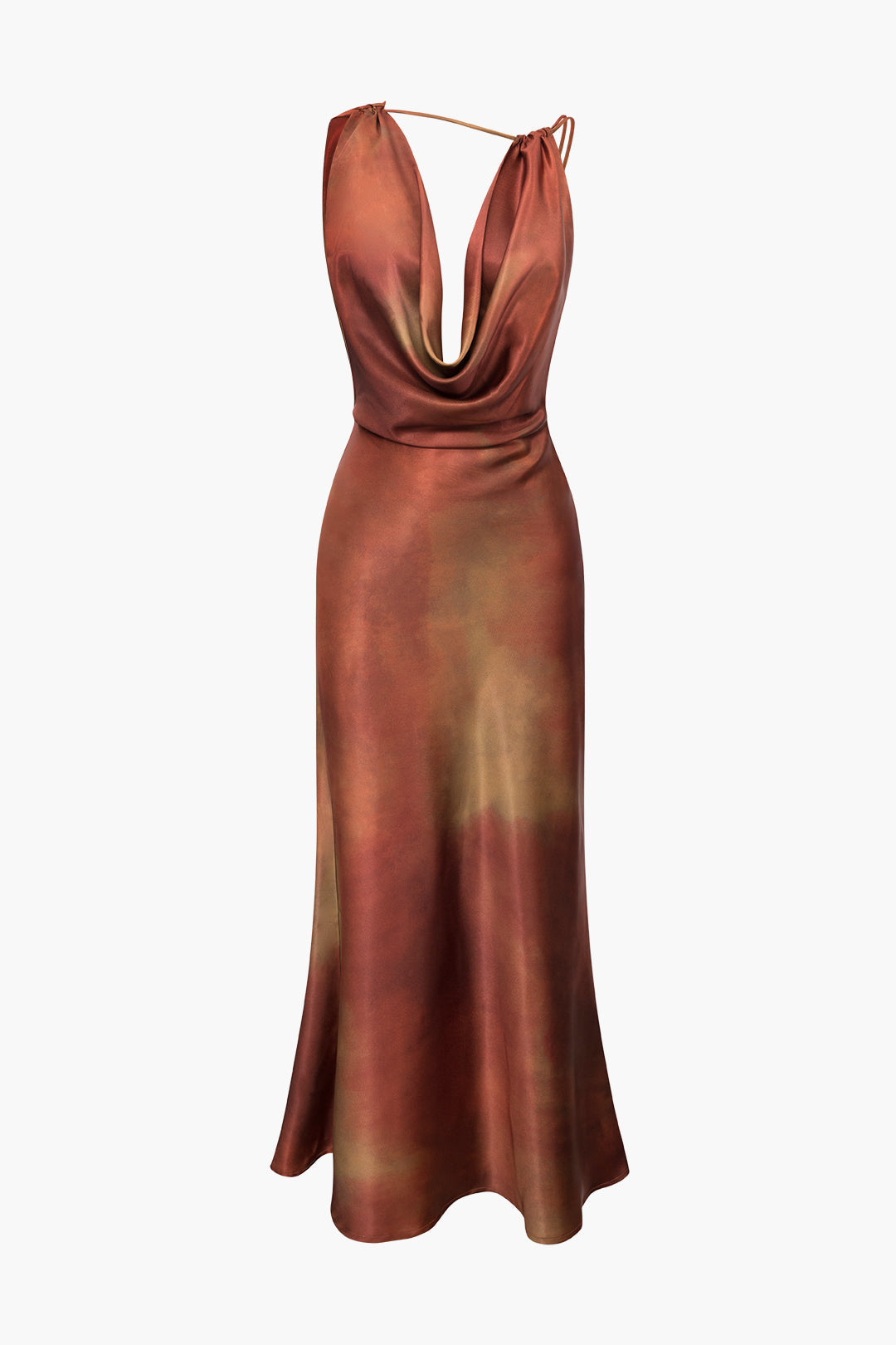 Tie Dye Asymmetric Cowl Neck Satin Maxi Dress