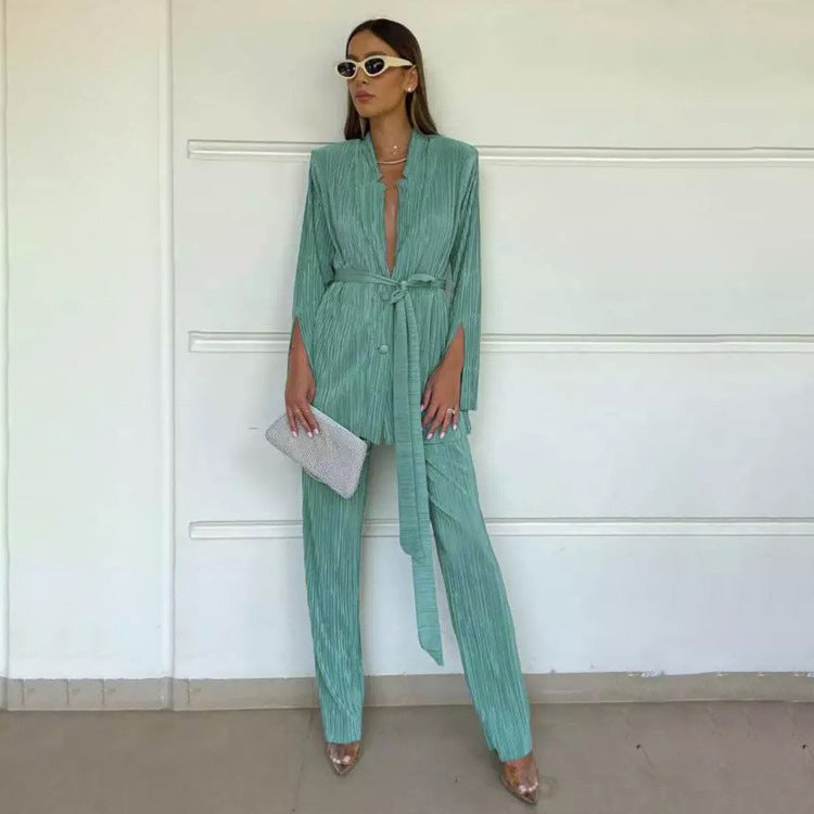 Capable Belt Shirt and Pleated Pants Suit