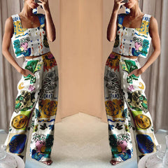 Printed Wide-Leg Pants+Vest Casual Fashion Two-Piece Set