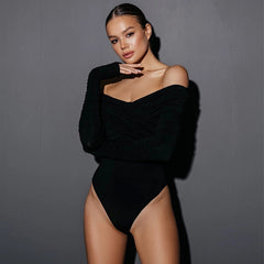 off-ShoulderVCollar Pleating Long Sleeve Tight High Waist Jumpsuit