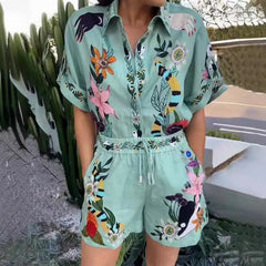 Casual Two-Piece Suit Cotton and Linen Printed Shirt+Shorts