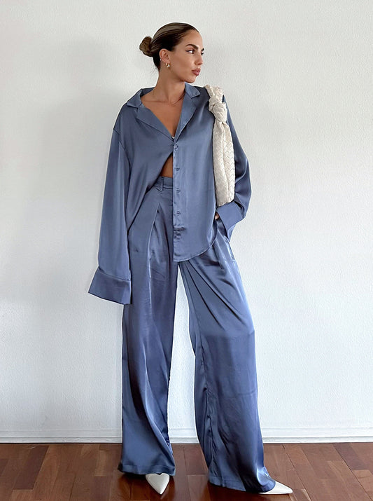 Blue Satin Long Sleeve Shirt High Waist Wide Leg Pants Two-Piece Set