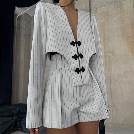 2024Striped Cotton and Linen DeepVJacket and High Waist Shorts Suit