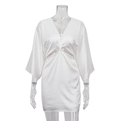 White Satin DeepVCollar Hollow-out Twisted Three-Quarter Sleeve Sheath Dress