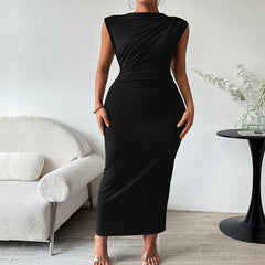 Padded Shoulder Pleated Waist-Slimming Sleeveless Long Black Dress