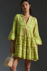 Printed Stitching Geometric Pattern Bell Sleeve Dress