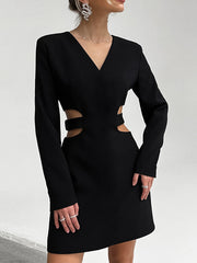 VCollar Hollow Long Sleeve DressAWord Black Dress Hepburn Style