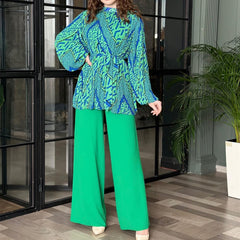 Pleated Graceful Puff Sleeve Shirt High Waist Wide Leg Pants Suit