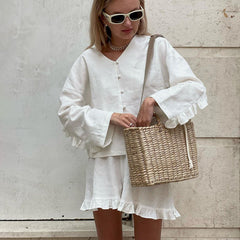 Beige Long Sleeve Shirt+High Waist Shorts Suit