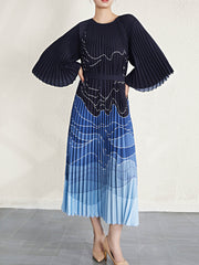 Pleated Oversized Loose-Fitting Pattern Print Organ Pleated Long Sleeve Dress