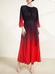 Pleated Oversized Loose-Fitting Pattern Print Organ Pleated Long Sleeve Dress