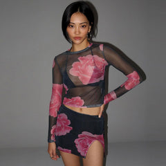 Mesh Long-Sleeved Top Short Split Printed Skirt Suit