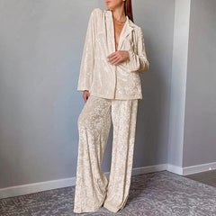 SuedeVCollar Long Sleeve Shirt High Waist Wide Leg Pants Two-Piece Set