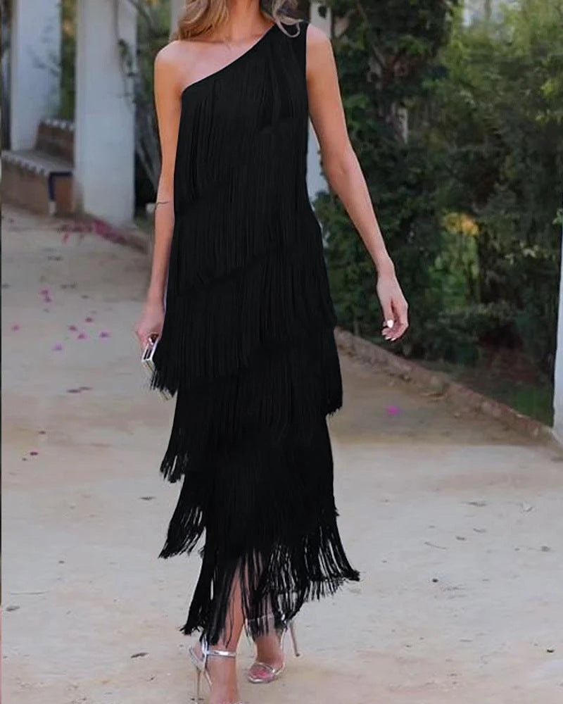 Tassel Shoulder Asymmetric Dress