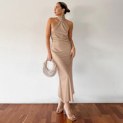 Khaki French Halter Fishtail Dress