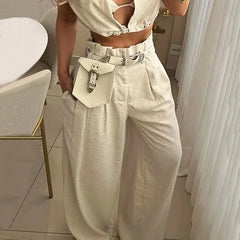 Solid Color Polo Collar Sexy Sleeveless Top Casual Pants Suit