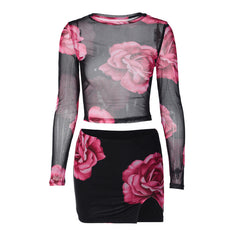 Mesh Long-Sleeved Top Short Split Printed Skirt Suit