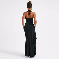 Hanging NeckVCollar Sling Backless Slit Long Dress