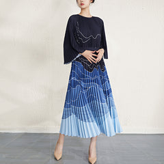 Pleated Oversized Loose-Fitting Pattern Print Organ Pleated Long Sleeve Dress