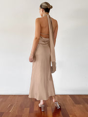 Khaki French Halter Fishtail Dress